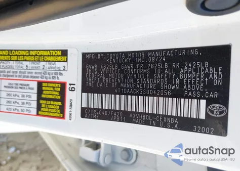 2025 Toyota Camry Le из США, поврежденный, VIN 4T1DAACK3SU042056